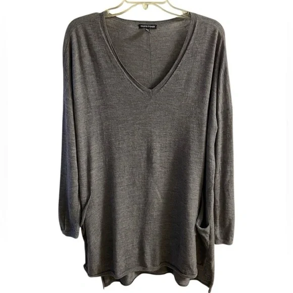 Eileen Fisher Gray V-Neck sweater merino wool lagenlook slouchy Large - Picture 1 of 7